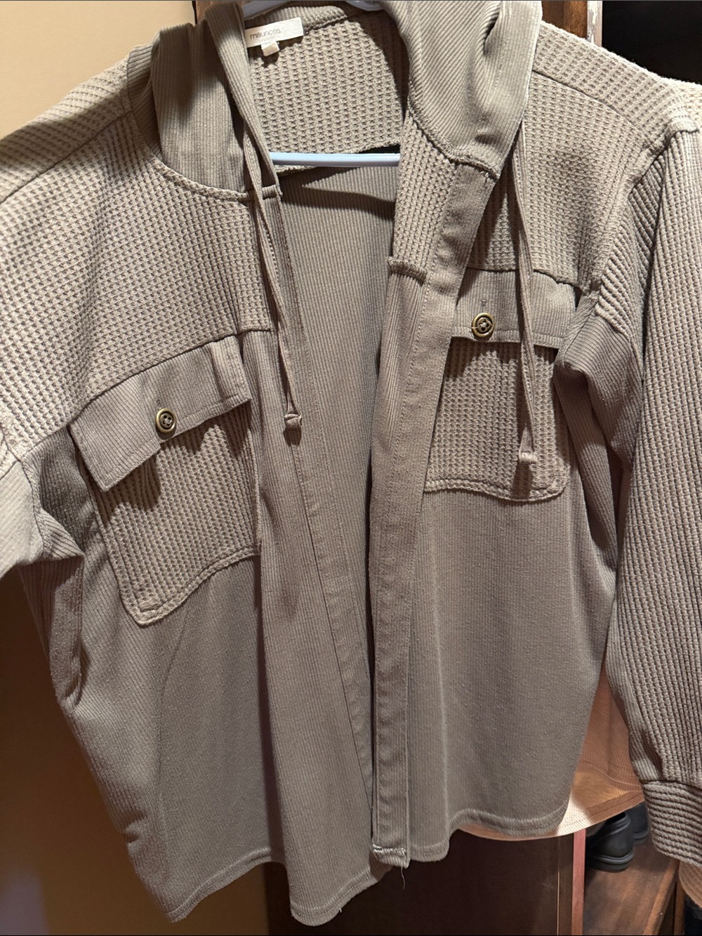 Olive Green Waffle-Knit Hooded Shirt Jacket